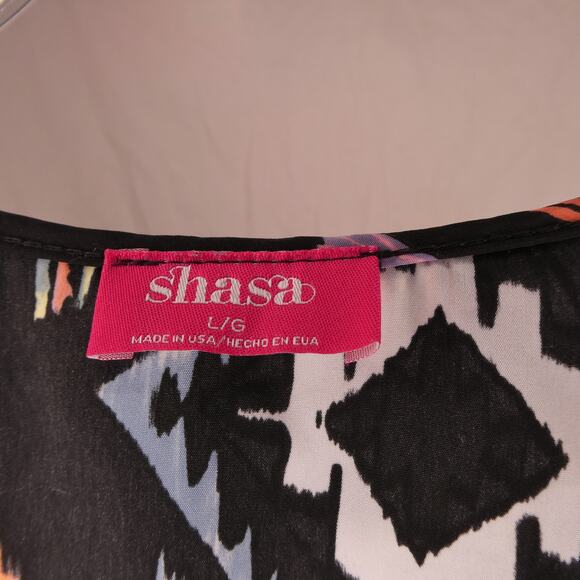 Shasa Women's Large Black Bright Colors Pattern Dress Sheath exposed middle back - Picture 9 of 9